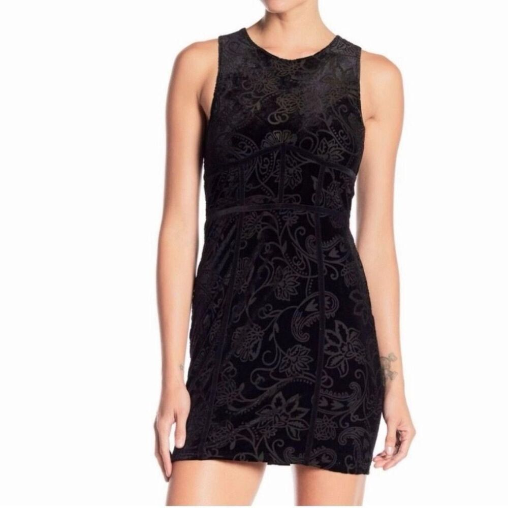Intimately Free People Womens Large Dress Mini Black Velvet Burnout Babe Bodycon